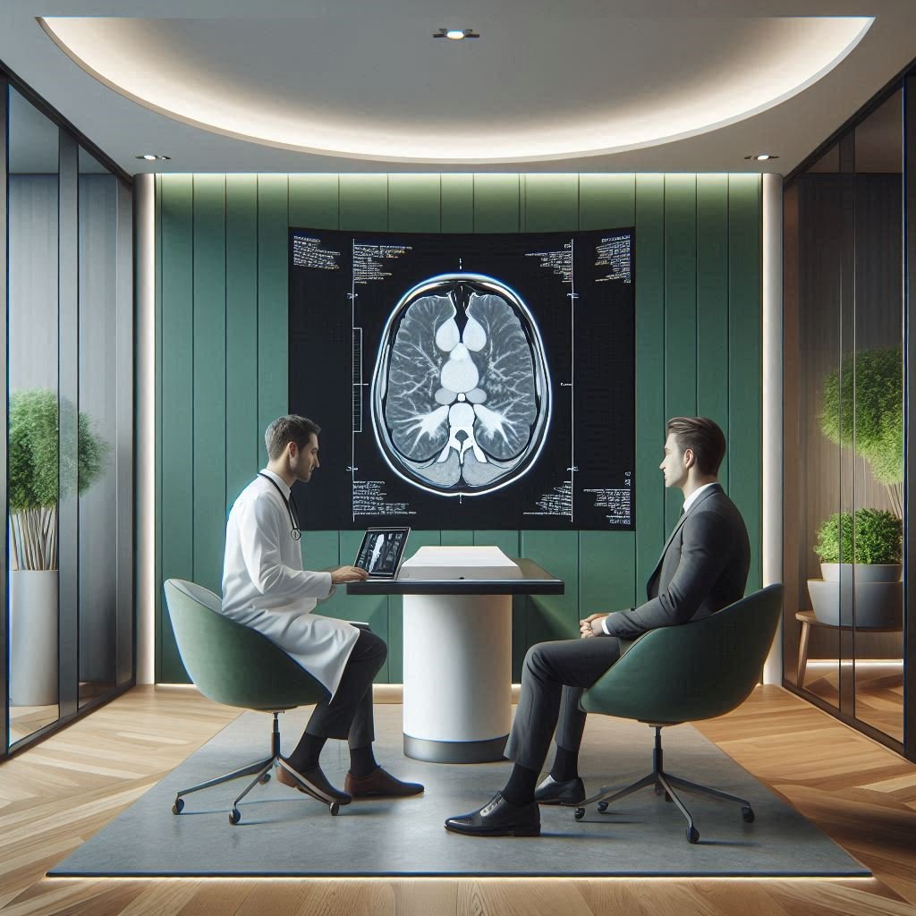 Doctor consulting a business professional in a luxury wellness clinic while reviewing a full-body MRI scan on a digital screen, representing Bonavitalis Executive Health Screenings and Personalized Medical Tourism.