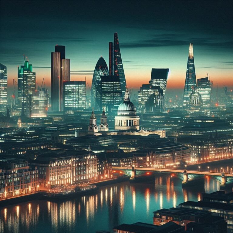 Futuristic night view of the London skyline with iconic landmarks and glowing green-tinted city lights, representing Bonavitalis executive health screenings and international longevity clinic network.
